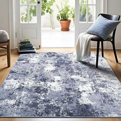 Modern Abstract 3x5 Rug, Non Slip Entryway Rug, Soft Machine Washable Rugs for Indoor Entry, Low Pile Stain Resistant Distressed Rug for Living Room, Bedroom, Dark Grey Blue