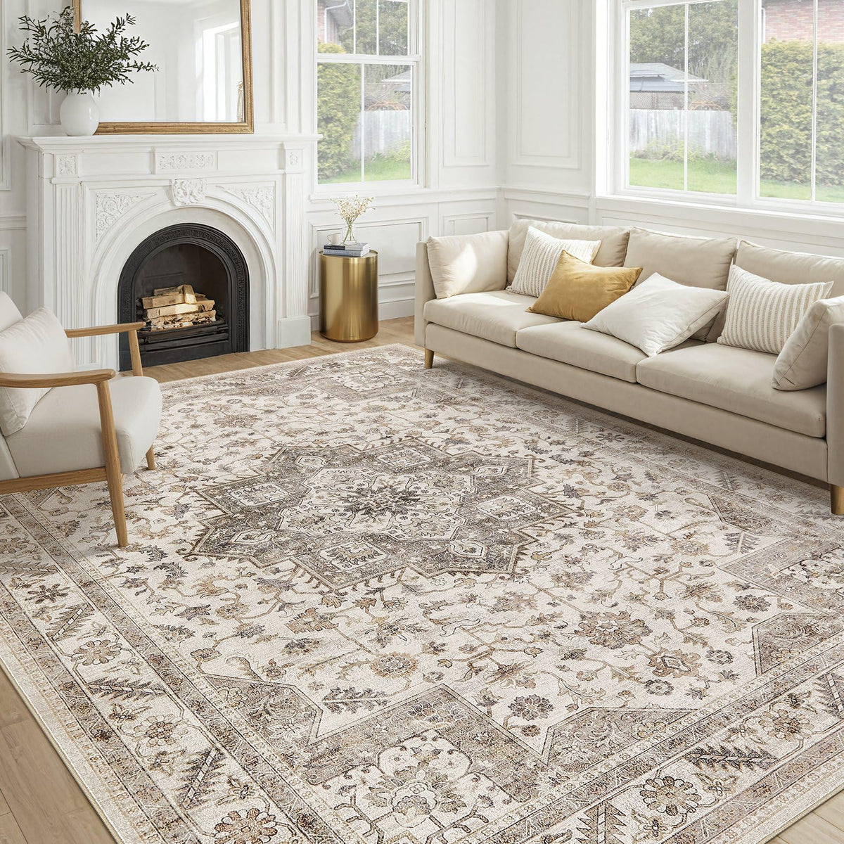 cotiled 5x7 Area Rug for Living Room, Washable, Traditional, Beige
