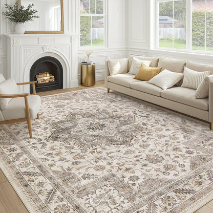 cotiled 5x7 Area Rug for Living Room, Washable, Traditional, Beige