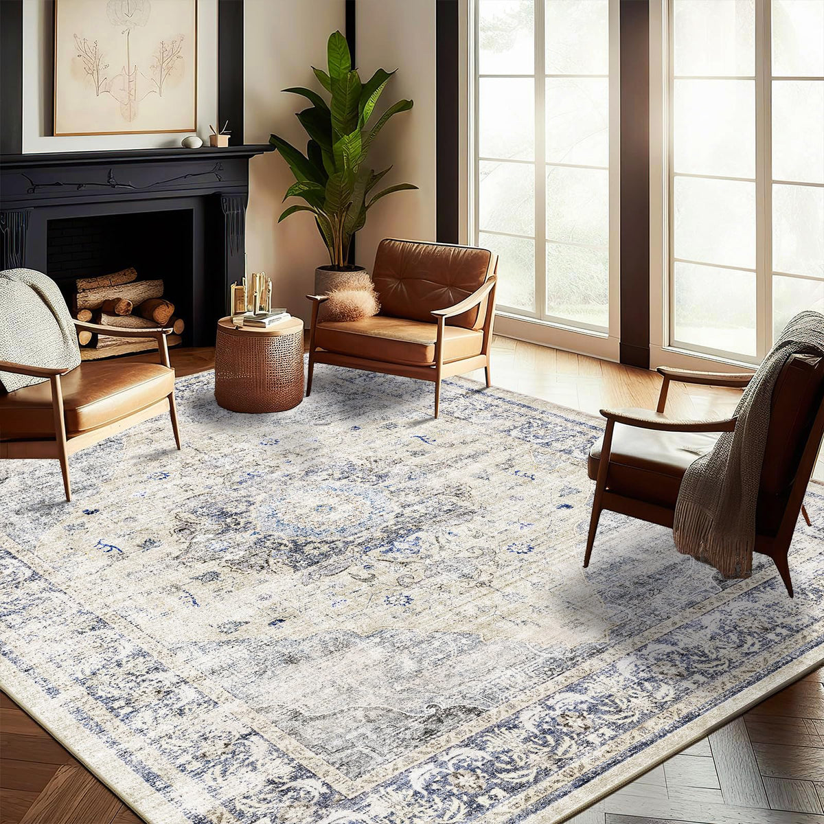 CHAMPLANT 6'x9' Washable Vintage Area Rug Boho Chic Medallion Distressed Design Non-Shedding Easy Care Ideal for High Traffic Areas in Living Room Bedroom Kitchen Office Large Carpet