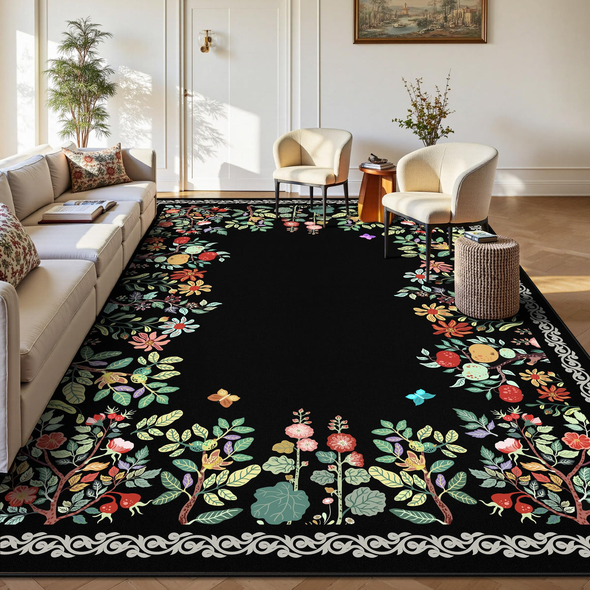 8x10 Area Rugs, Machine Washable Low Pile Floral Rugs for Living Room, Bedroom, Large Boho Area Rug with Non-Slip Backing for Dining Room(Beige Floral)