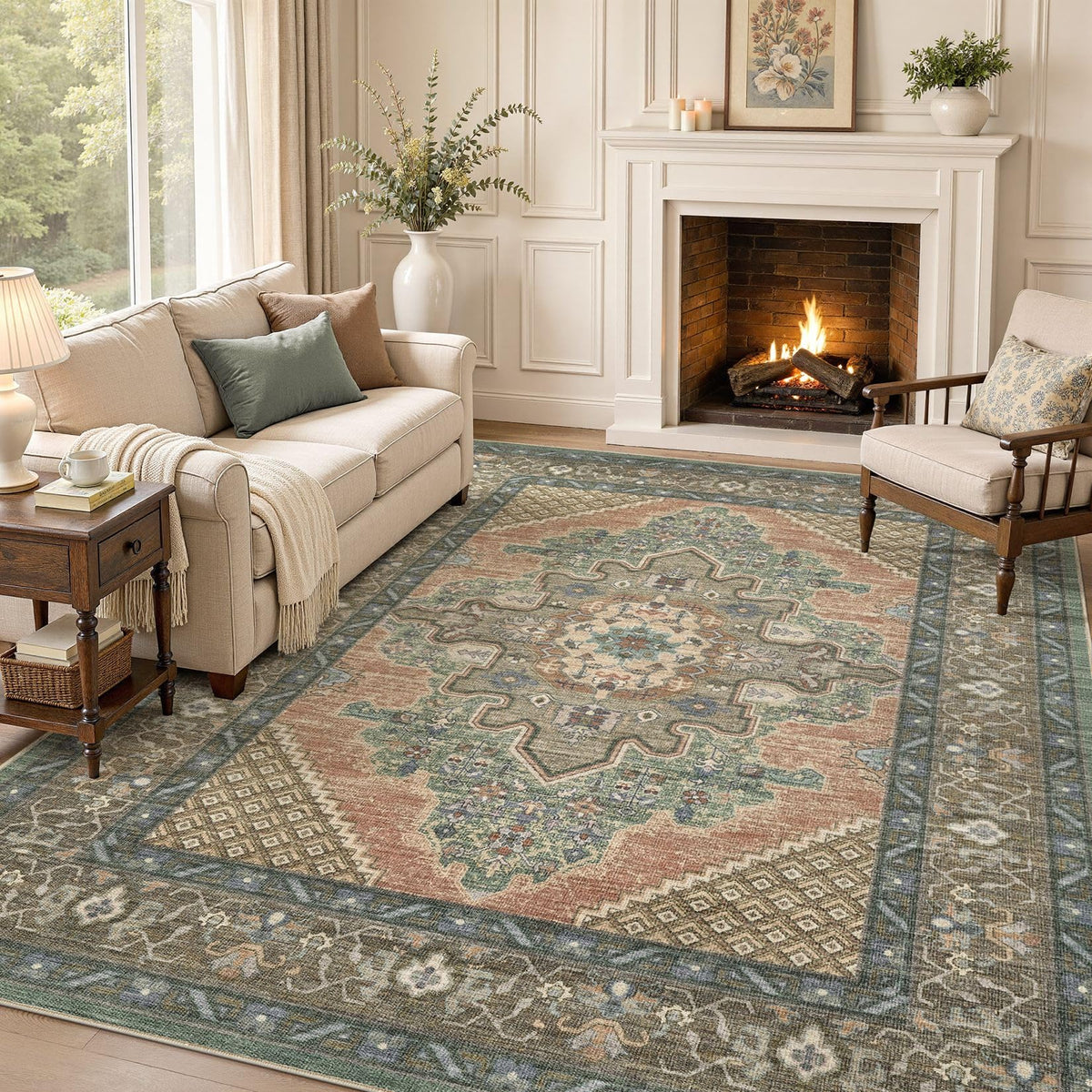 Tortania Area Rug 5x7 Living Room Rug Washable Soft Cream/Blue