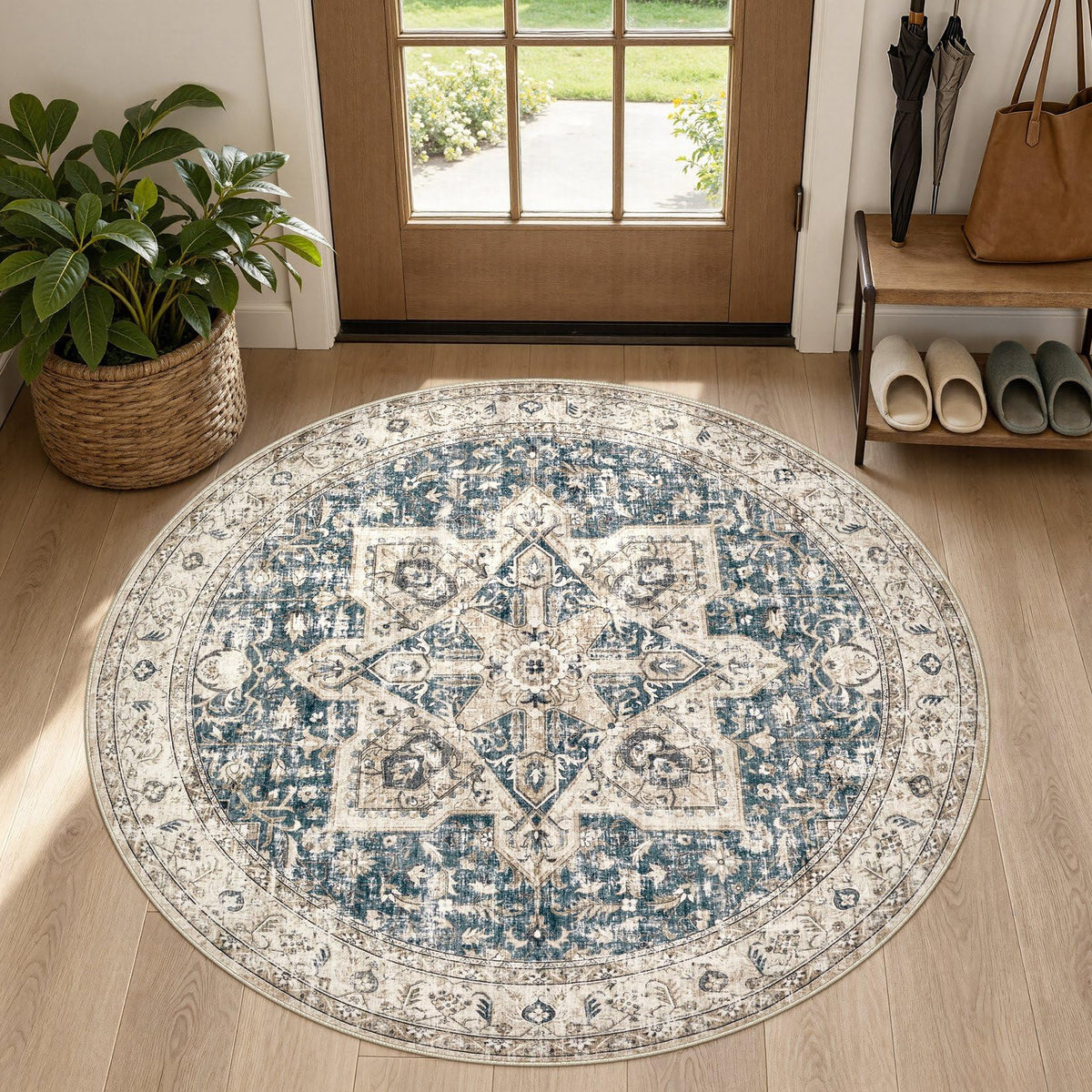 Tortania Area Rug 5x7 Living Room Rug Washable Soft Cream/Blue