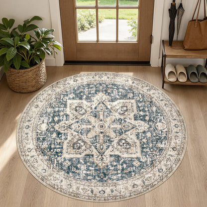 Tortania Area Rug 5x7 Living Room Rug Washable Soft Cream/Blue