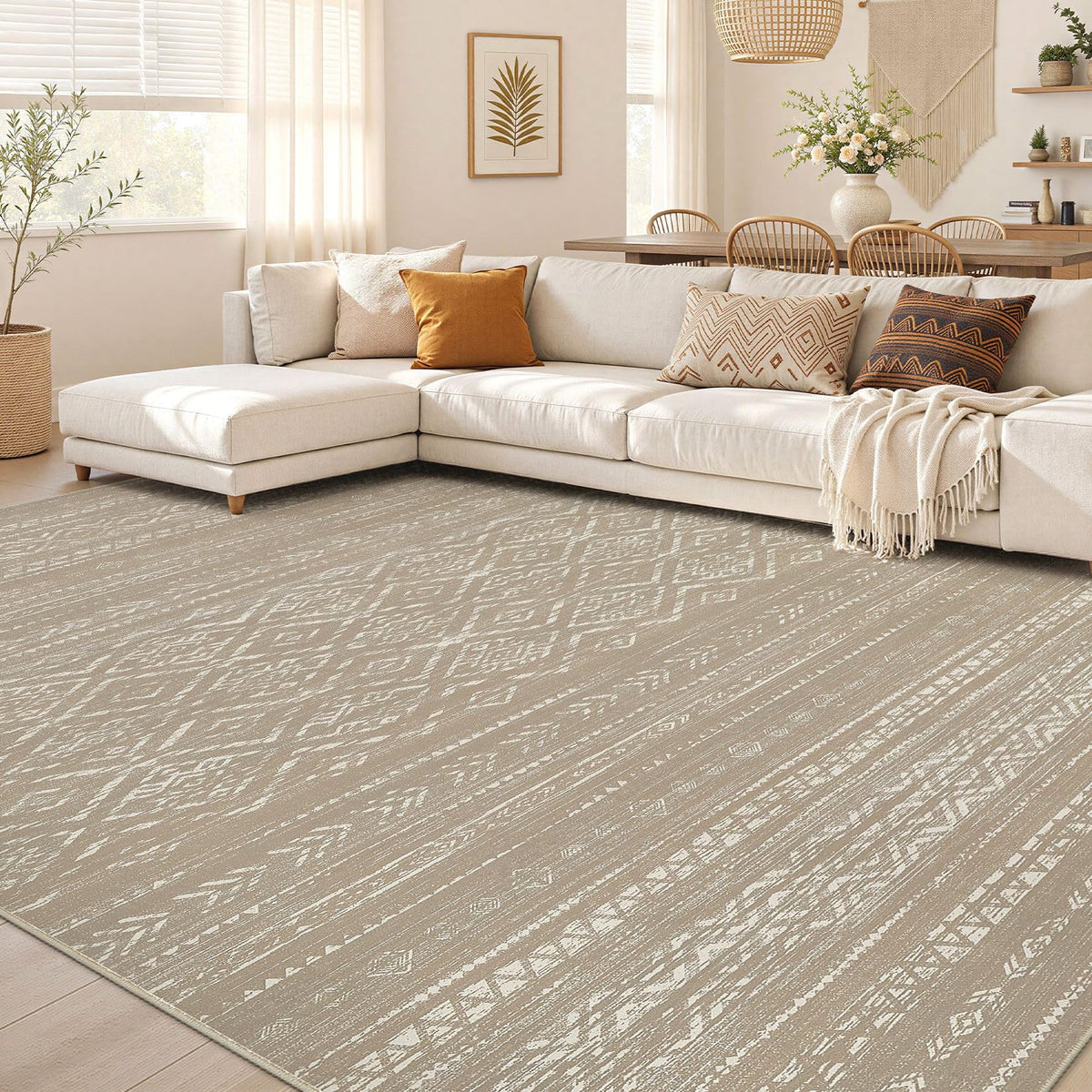 Nakagishi Boho 5x7 Area Rug Living Room Rugs Machine Washable Beige/Brown