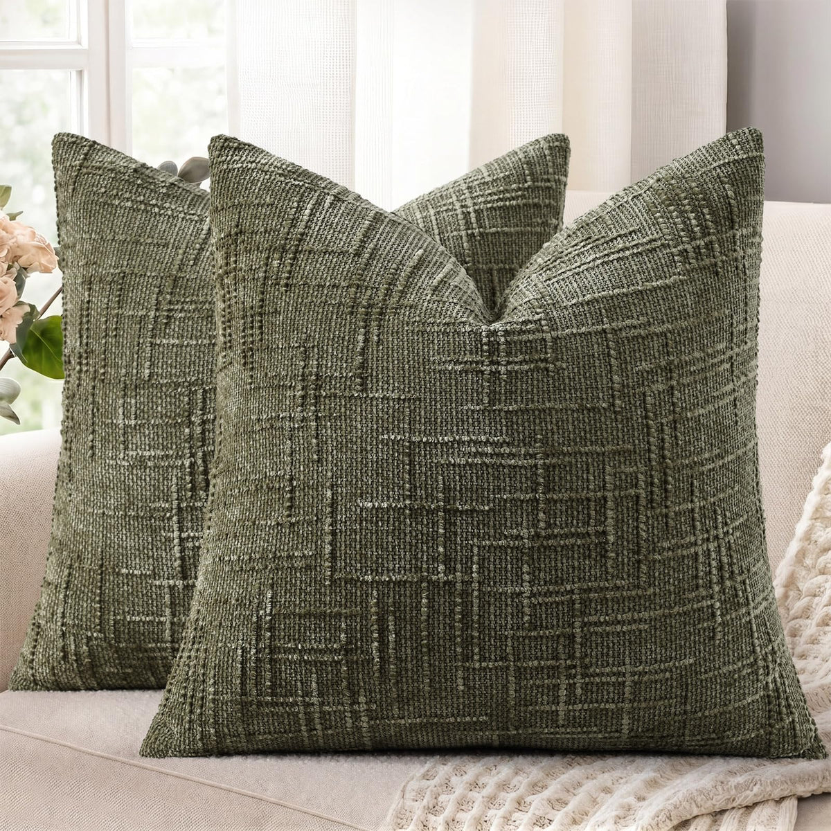 decorUhome Textured Chenille Throw Pillow Covers 18x18 Set of 2 Cream White