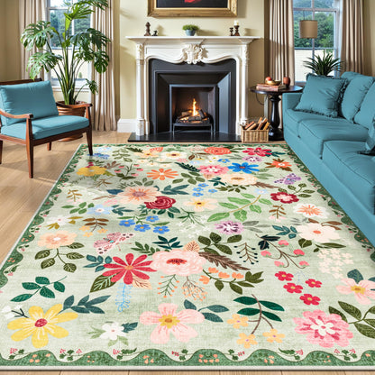 PLHXFR Area Rug Living Room: 5x7 Floral Washable Boho Carpet Dark Green