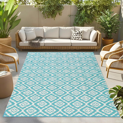 Wallona Outdoor Rug 5x8 ft, Flower Blue & White