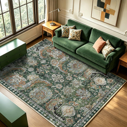 RUGSURE Washable Area Rugs - Perfect for Living Room, Bedroom, Kids Room, Nursery - Stain & Water Resistant Non-Slip, Pet & Child Friendly, Vintage Tribal Area Rugs (Green, 5' x 7')