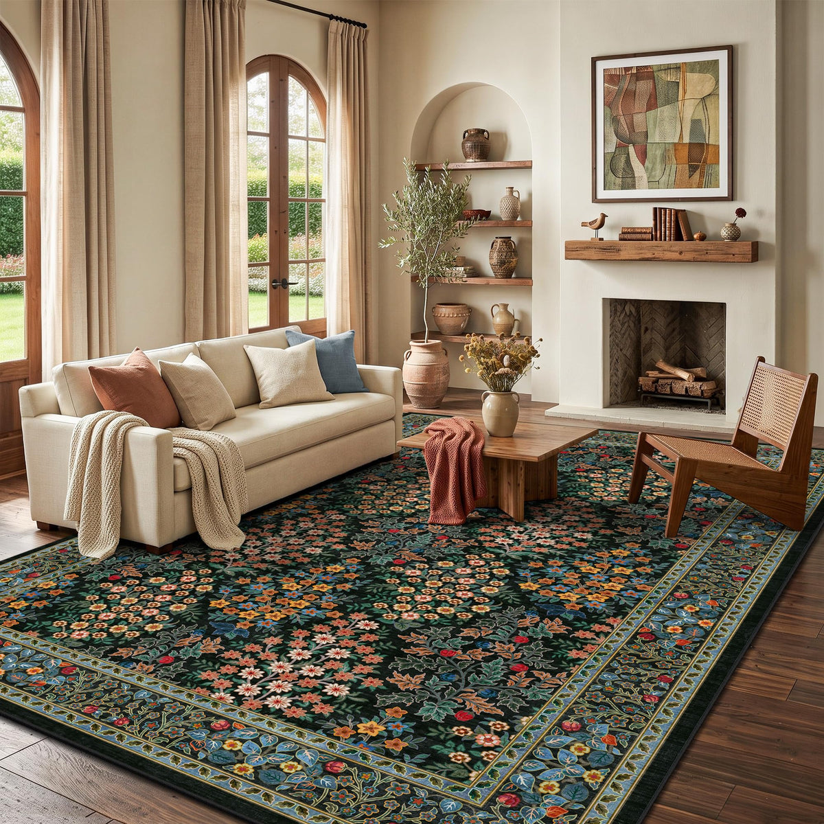 8x10 Area Rugs, Machine Washable Low Pile Floral Rugs for Living Room, Bedroom, Large Boho Area Rug with Non-Slip Backing for Dining Room(Beige Floral)