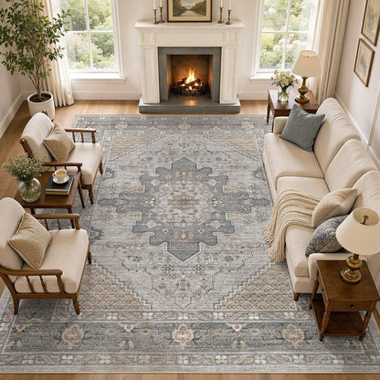 Tortania Area Rug 5x7 Living Room Rug Washable Soft Cream/Blue