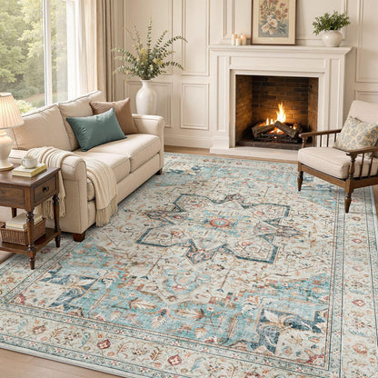 Tortania Area Rug 5x7 Living Room Rug Washable Soft Cream/Blue