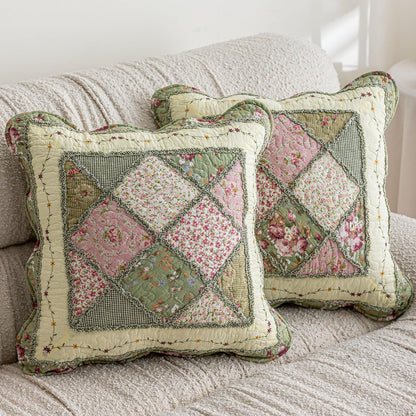 vctops Set of 2 Quilted 100% Cotton Boho Throw Pillow Covers 18" x 18" Farmhouse Country Floral Patchwork Decorative Cushion Cover, Patchwork Flower M
