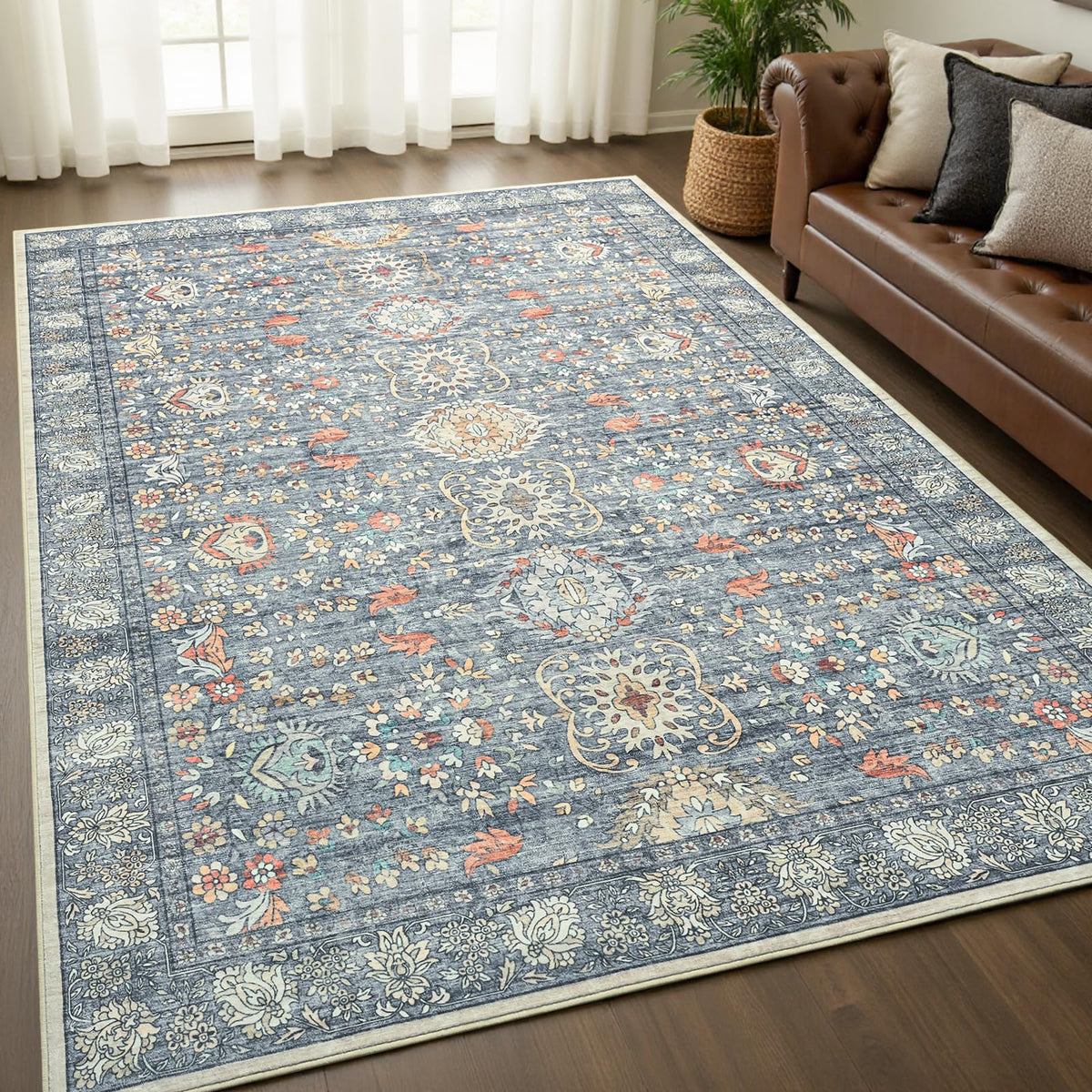 Goideal Washable Rug 4x6, Beige Area Rugs Non Slip, Indoor Low Pile Carpet with Rubber Backing for Living Room Kitchen Bathroom Entryway Office Bedroom