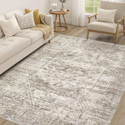 cotiled 5x7 Area Rug for Living Room, Washable, Traditional, Beige