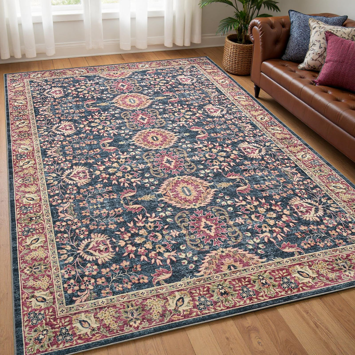 Goideal Washable Rug 4x6, Beige Area Rugs Non Slip, Indoor Low Pile Carpet with Rubber Backing for Living Room Kitchen Bathroom Entryway Office Bedroom