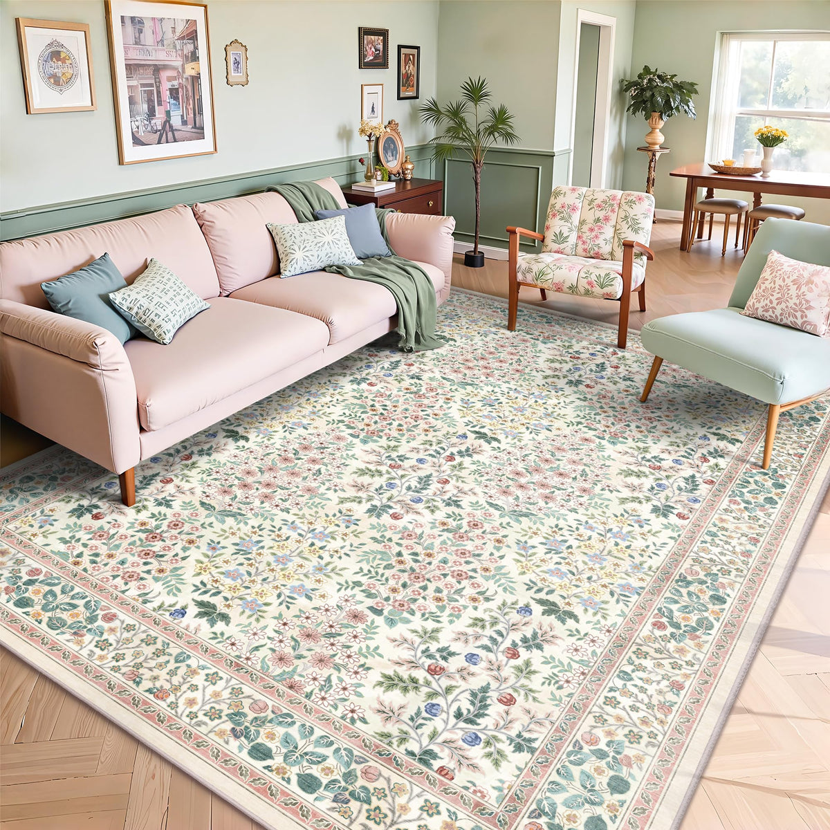 8x10 Area Rugs, Machine Washable Low Pile Floral Rugs for Living Room, Bedroom, Large Boho Area Rug with Non-Slip Backing for Dining Room(Beige Floral)