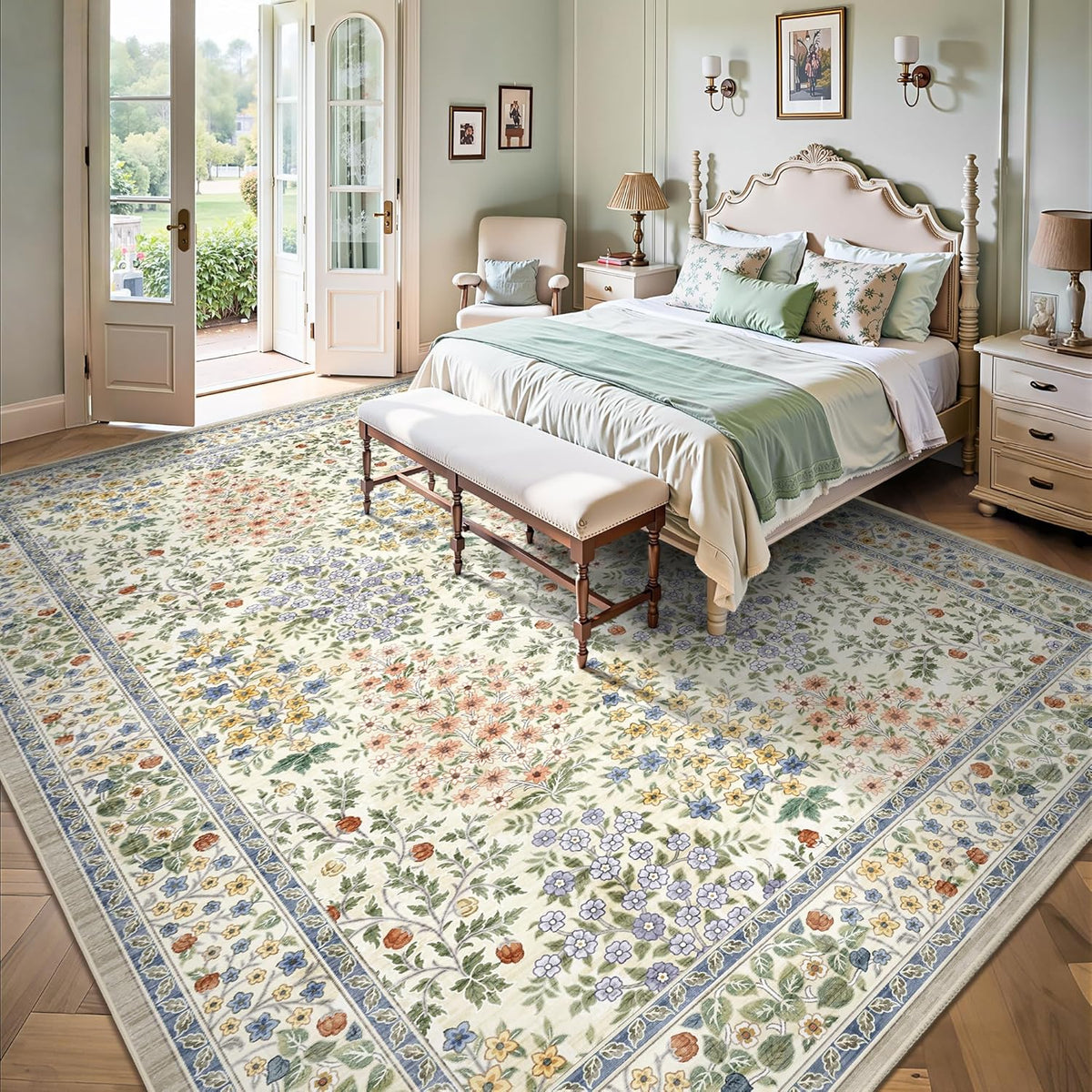 8x10 Area Rugs, Machine Washable Low Pile Floral Rugs for Living Room, Bedroom, Large Boho Area Rug with Non-Slip Backing for Dining Room(Beige Floral)