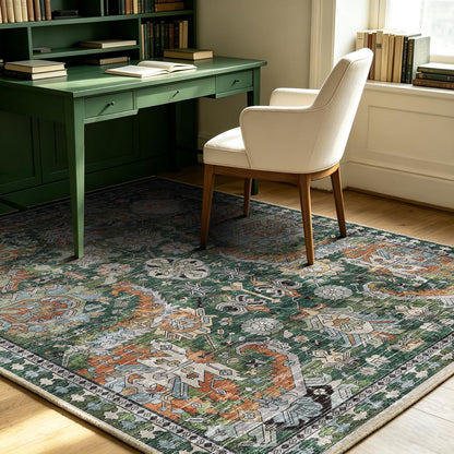 RUGSURE Washable Area Rugs - Perfect for Living Room, Bedroom, Kids Room, Nursery - Stain & Water Resistant Non-Slip, Pet & Child Friendly, Vintage Tribal Area Rugs (Green, 5' x 7')