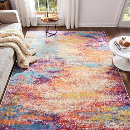 Modern Abstract 3x5 Rug, Non Slip Entryway Rug, Soft Machine Washable Rugs for Indoor Entry, Low Pile Stain Resistant Distressed Rug for Living Room, Bedroom, Dark Grey Blue