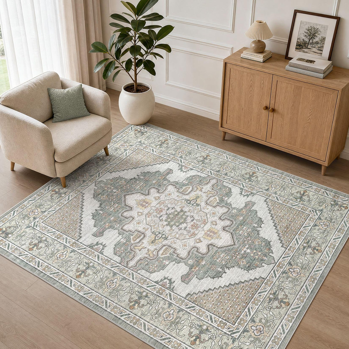 Tortania Area Rug 5x7 Living Room Rug Washable Soft Cream/Blue