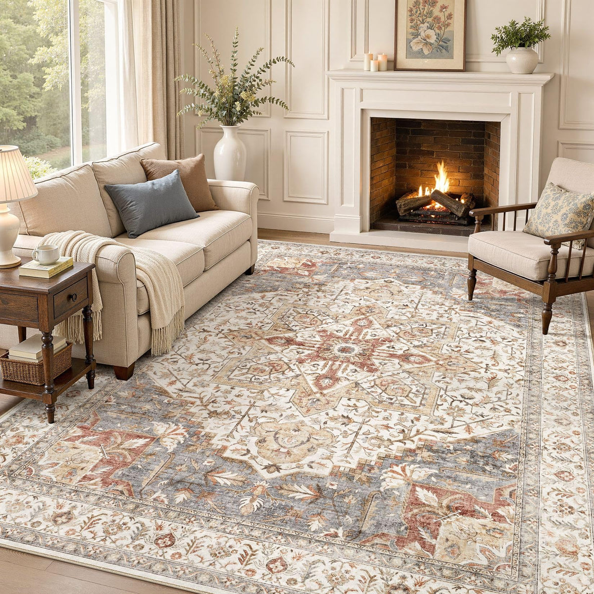 Tortania Area Rug 5x7 Living Room Rug Washable Soft Cream/Blue