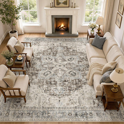 Tortania Area Rug 5x7 Living Room Rug Washable Soft Cream/Blue