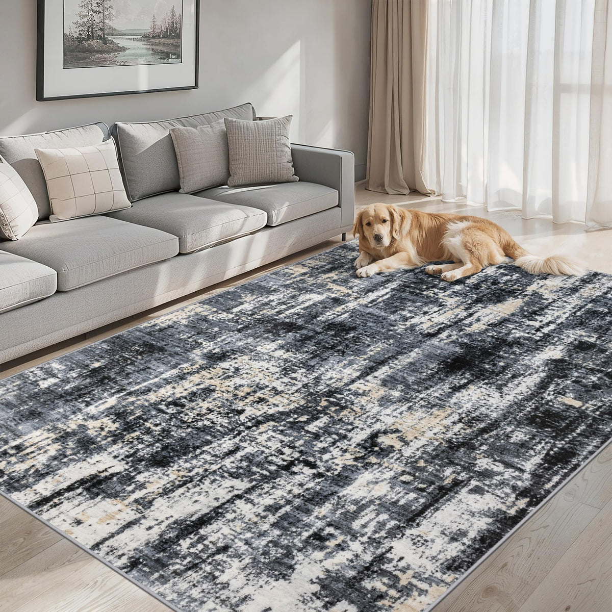 PLHXFR 6x9 Area Rug Living Room: Abstract Washable Carpet Brown Black
