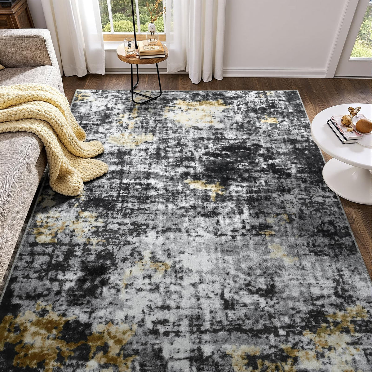 Modern Abstract 3x5 Rug, Non Slip Entryway Rug, Soft Machine Washable Rugs for Indoor Entry, Low Pile Stain Resistant Distressed Rug for Living Room, Bedroom, Dark Grey Blue