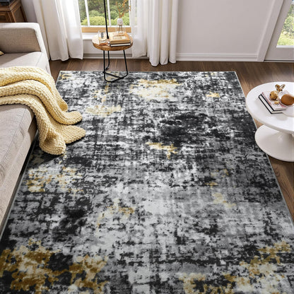 Modern Abstract 3x5 Rug, Non Slip Entryway Rug, Soft Machine Washable Rugs for Indoor Entry, Low Pile Stain Resistant Distressed Rug for Living Room, Bedroom, Dark Grey Blue
