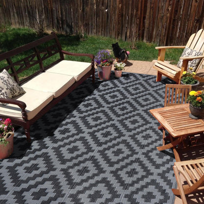 SAND MINE Waterproof Outdoor Rug 5x8 ft, Plastic Reversible Rug, Modern Area Rug, Large Floor Mat for Outdoors, RV, Patio, Backyard, Deck, Picnic, Beach, Camping, Black & Beige