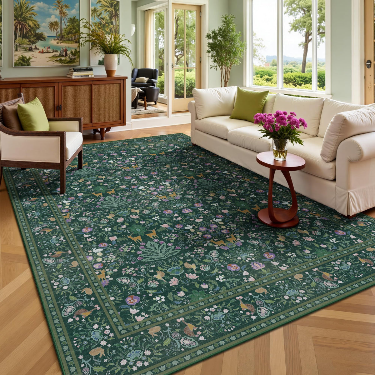 8x10 Area Rugs, Machine Washable Low Pile Floral Rugs for Living Room, Bedroom, Large Boho Area Rug with Non-Slip Backing for Dining Room(Beige Floral)