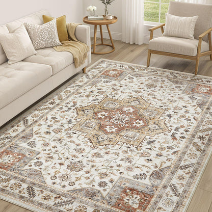 cotiled 5x7 Area Rug for Living Room, Washable, Traditional, Beige