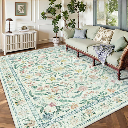 8x10 Area Rugs, Machine Washable Low Pile Floral Rugs for Living Room, Bedroom, Large Boho Area Rug with Non-Slip Backing for Dining Room(Beige Floral)