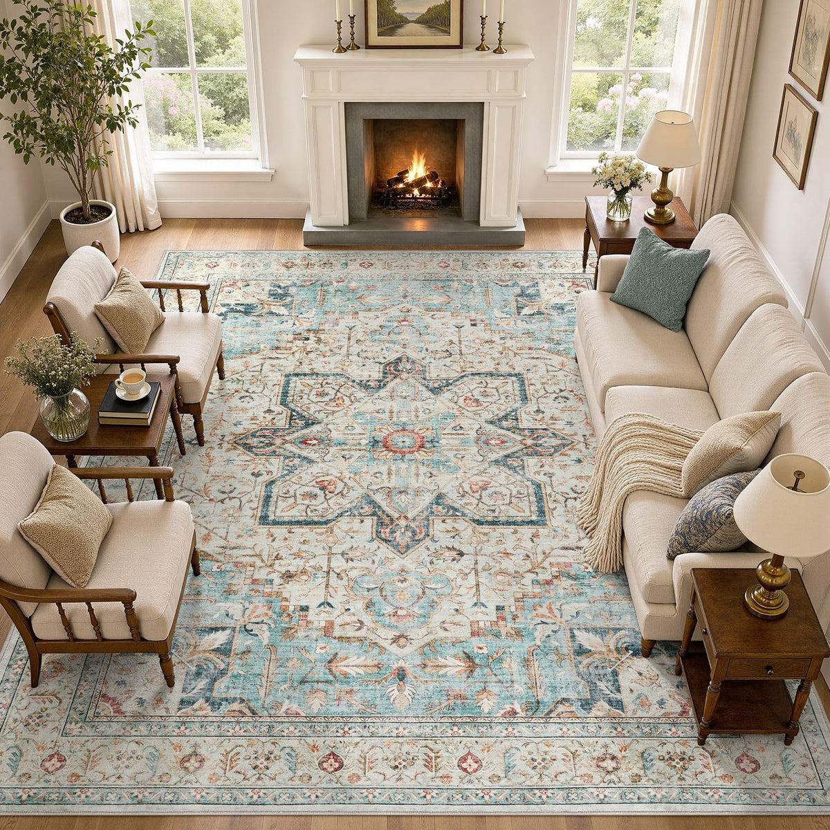 Tortania Area Rug 5x7 Living Room Rug Washable Soft Cream/Blue