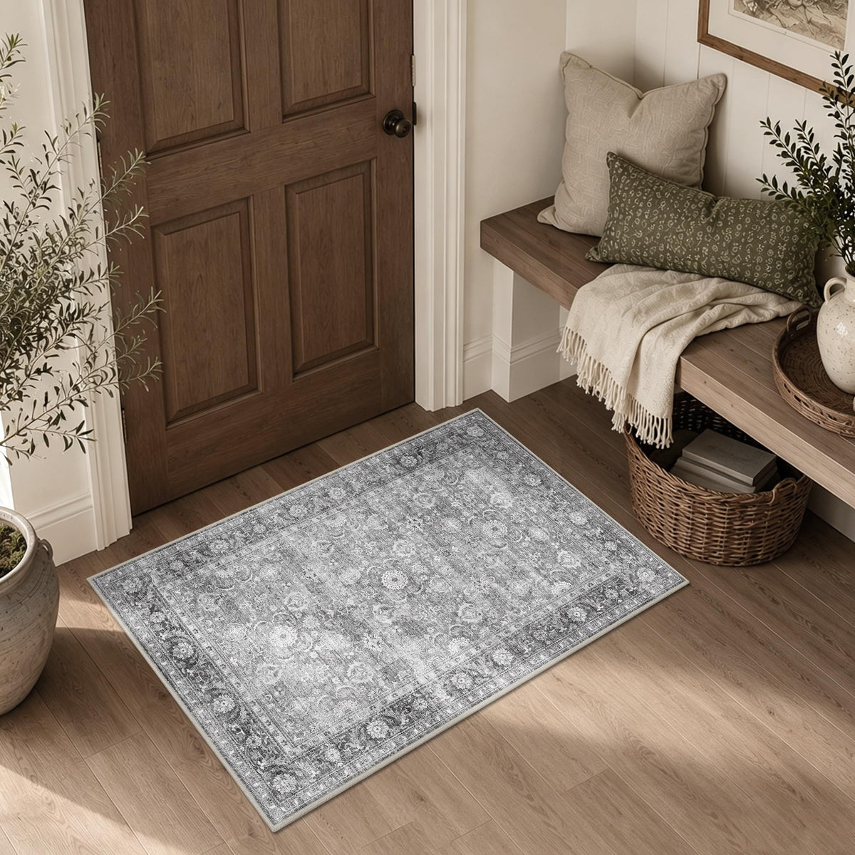 JOOJA 6x9 Brown Vintage Boho Washable Area Rug, Soft Low Pile Floor Carpet