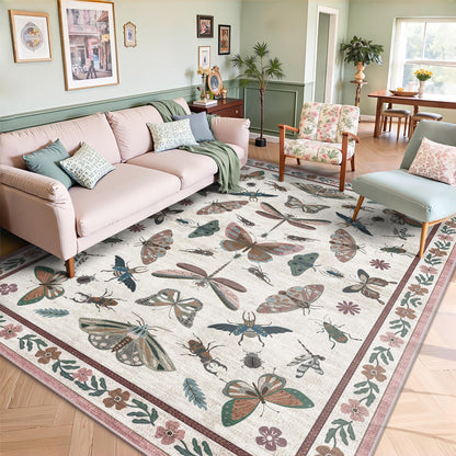 8x10 Area Rugs, Machine Washable Low Pile Floral Rugs for Living Room, Bedroom, Large Boho Area Rug with Non-Slip Backing for Dining Room(Beige Floral)