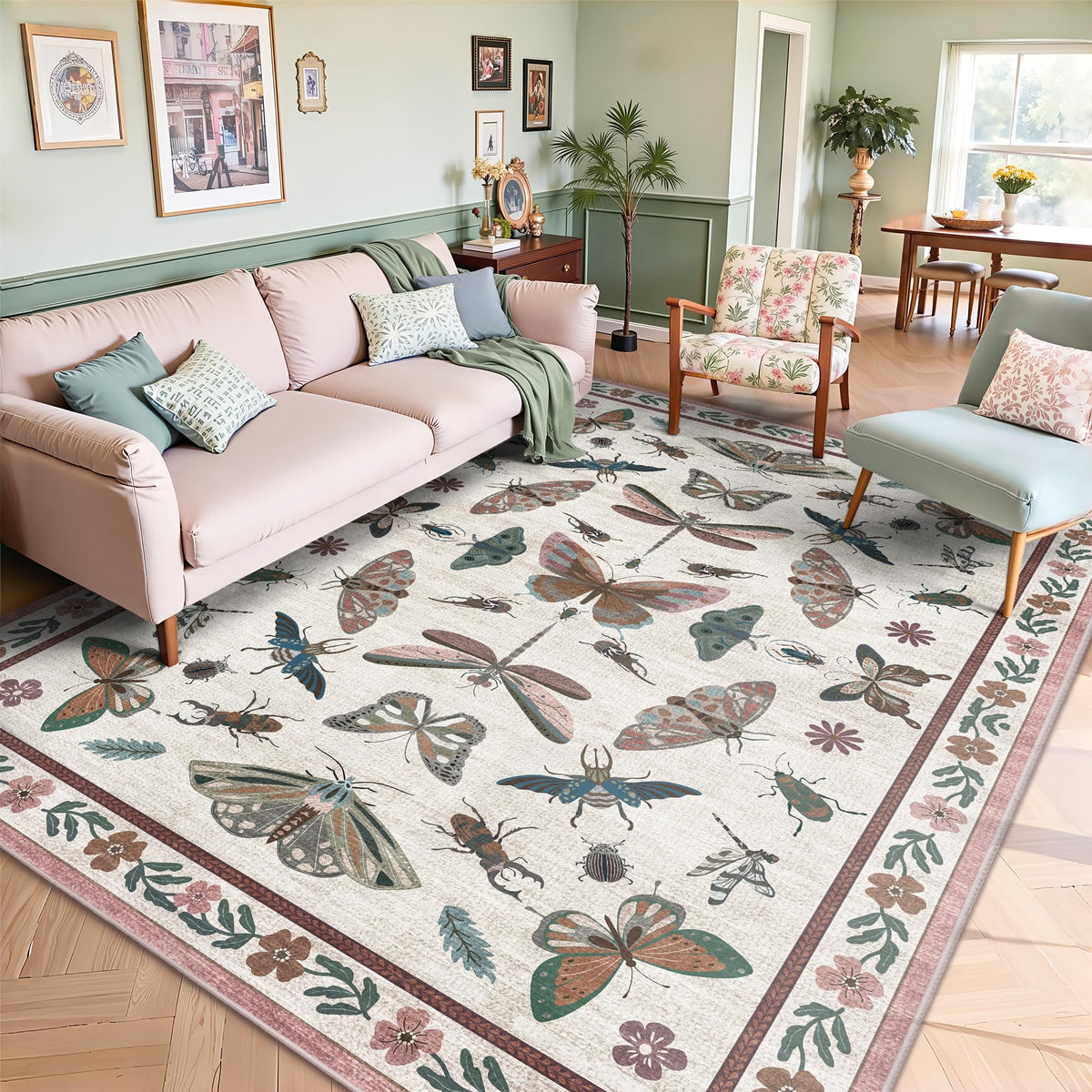 8x10 Area Rugs, Machine Washable Low Pile Floral Rugs for Living Room, Bedroom, Large Boho Area Rug with Non-Slip Backing for Dining Room(Beige Floral)
