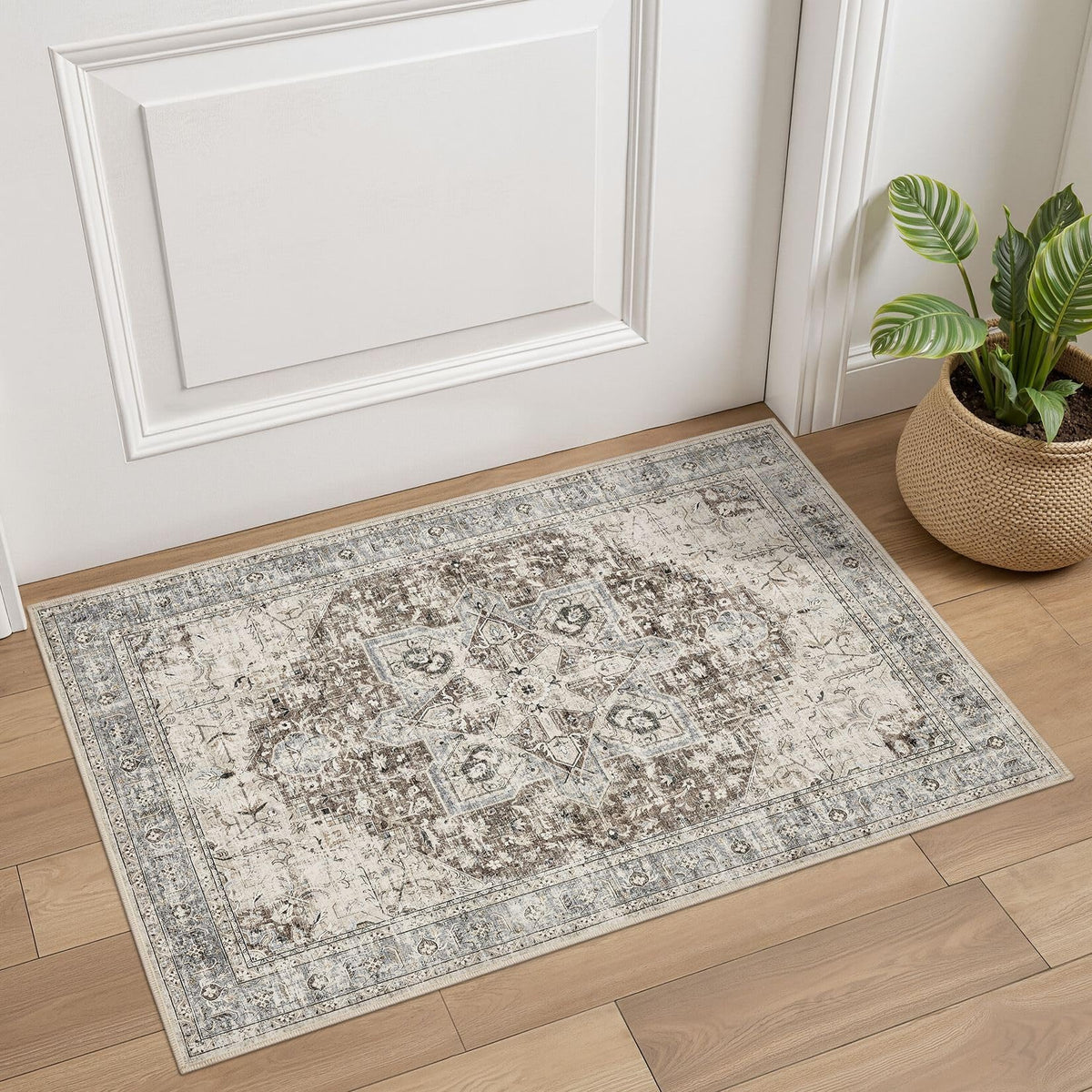 Tortania Area Rug 5x7 Living Room Rug Washable Soft Cream/Blue