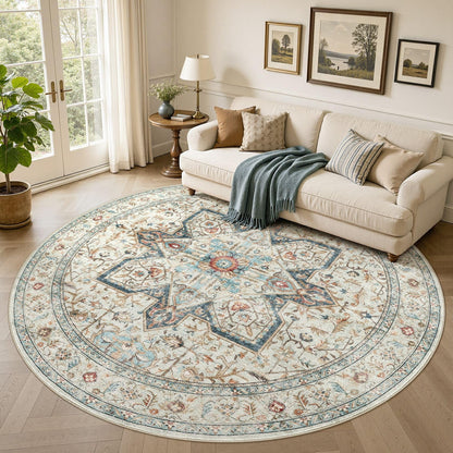 Tortania Area Rug 5x7 Living Room Rug Washable Soft Cream/Blue