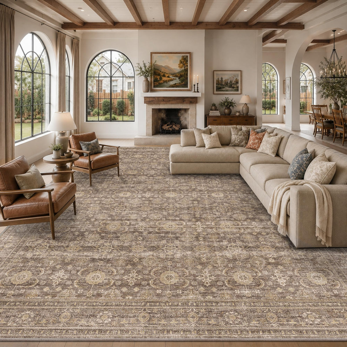 JOOJA 6x9 Brown Vintage Boho Washable Area Rug, Soft Low Pile Floor Carpet