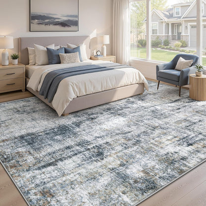 MXSANYOO 8x10 Area Rugs Washable Rug: Abstract Neutral Rugs Modern Non Slip Area Rug Stain Resistant Low Pile Indoor Carpet for Dining Room Bedroom Nursery Office (Multi Blue, 8'x10')
