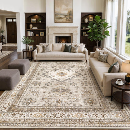 cotiled 5x7 Area Rug for Living Room, Washable, Traditional, Beige