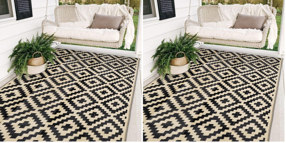 SAND MINE Waterproof Outdoor Rug 5x8 ft, Plastic Reversible Rug, Modern Area Rug, Large Floor Mat for Outdoors, RV, Patio, Backyard, Deck, Picnic, Beach, Camping, Black & Beige