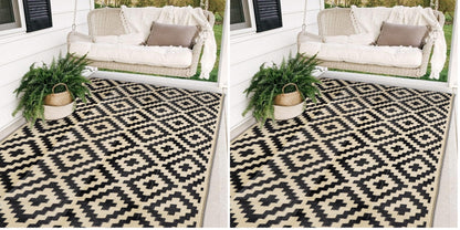 SAND MINE Waterproof Outdoor Rug 5x8 ft, Plastic Reversible Rug, Modern Area Rug, Large Floor Mat for Outdoors, RV, Patio, Backyard, Deck, Picnic, Beach, Camping, Black & Beige