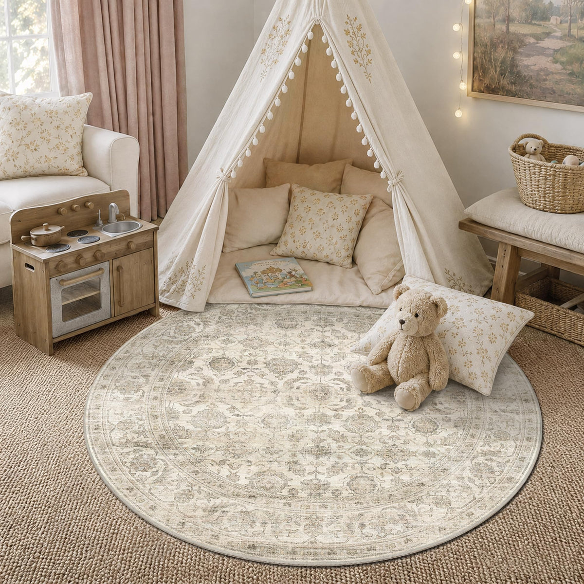 JOOJA 6x9 Brown Vintage Boho Washable Area Rug, Soft Low Pile Floor Carpet