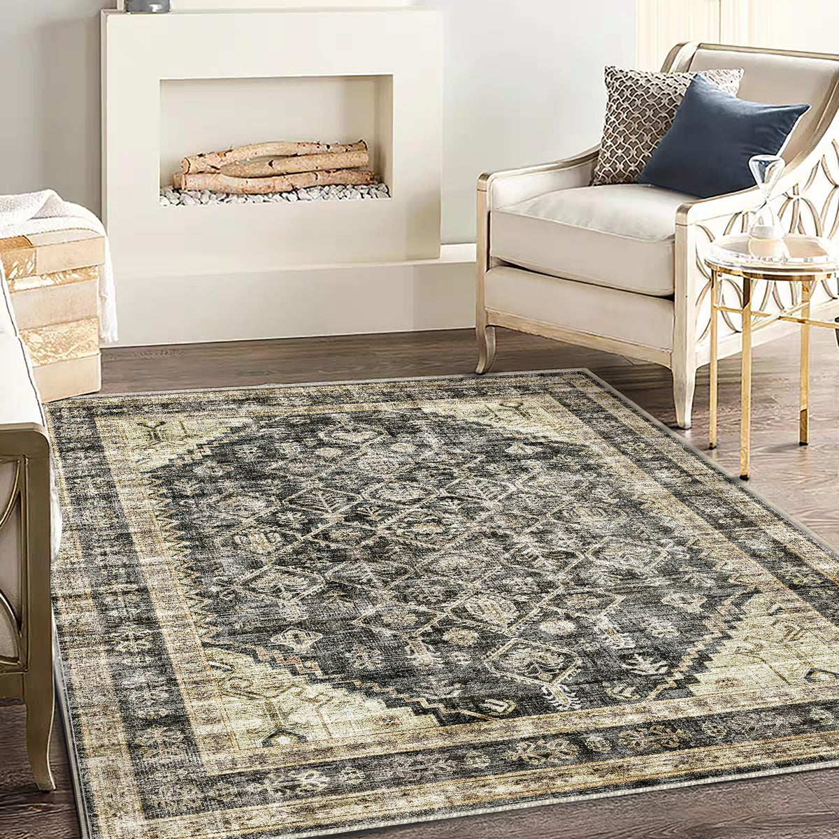 CHAMPLANT 6'x9' Washable Vintage Area Rug Boho Chic Medallion Distressed Design Non-Shedding Easy Care Ideal for High Traffic Areas in Living Room Bedroom Kitchen Office Large Carpet
