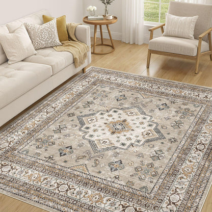 cotiled 5x7 Area Rug for Living Room, Washable, Traditional, Beige