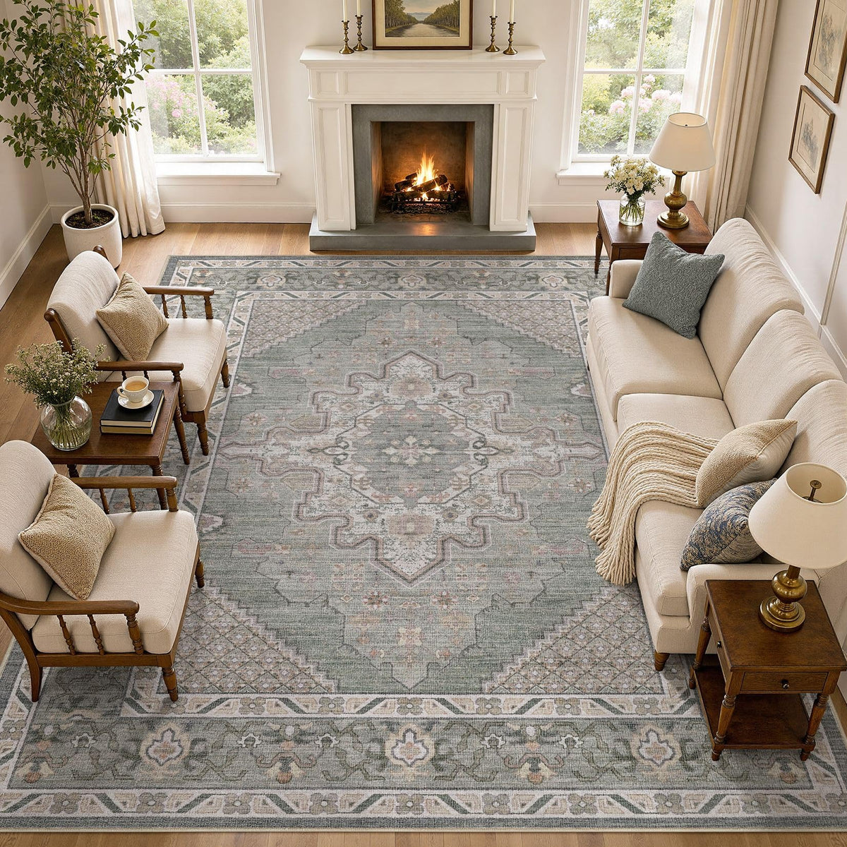 Tortania Area Rug 5x7 Living Room Rug Washable Soft Cream/Blue