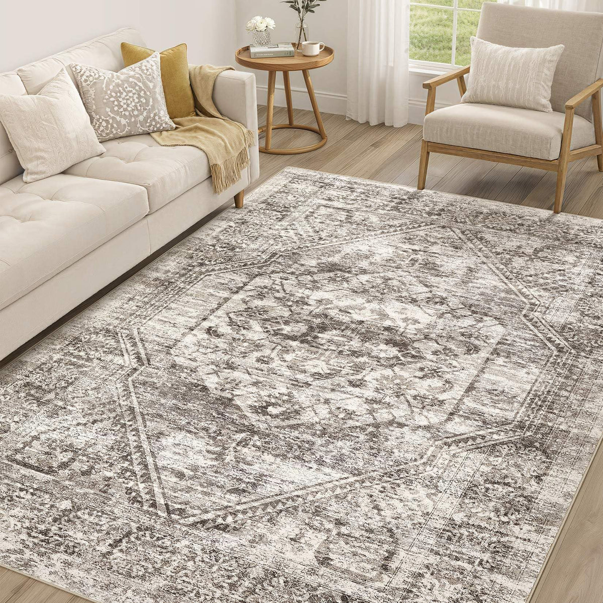 cotiled 5x7 Area Rug for Living Room, Washable, Traditional, Beige